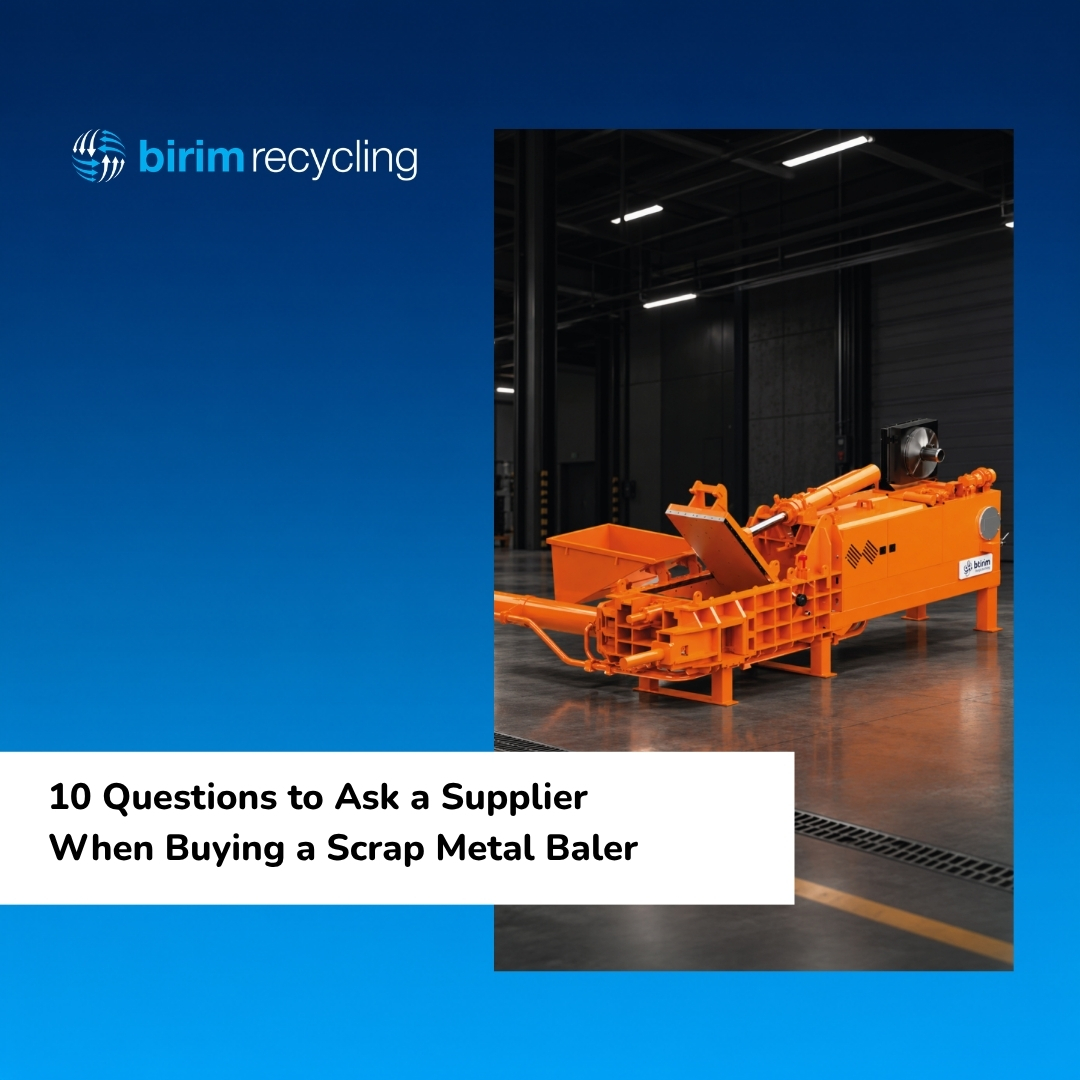 scrap metal baler producing high density bales at a metal recycling facility